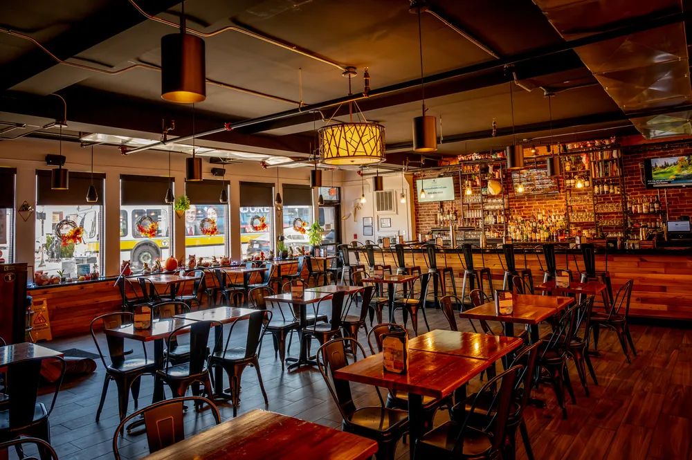 The dining room and bar at The Fox Den in Woburn